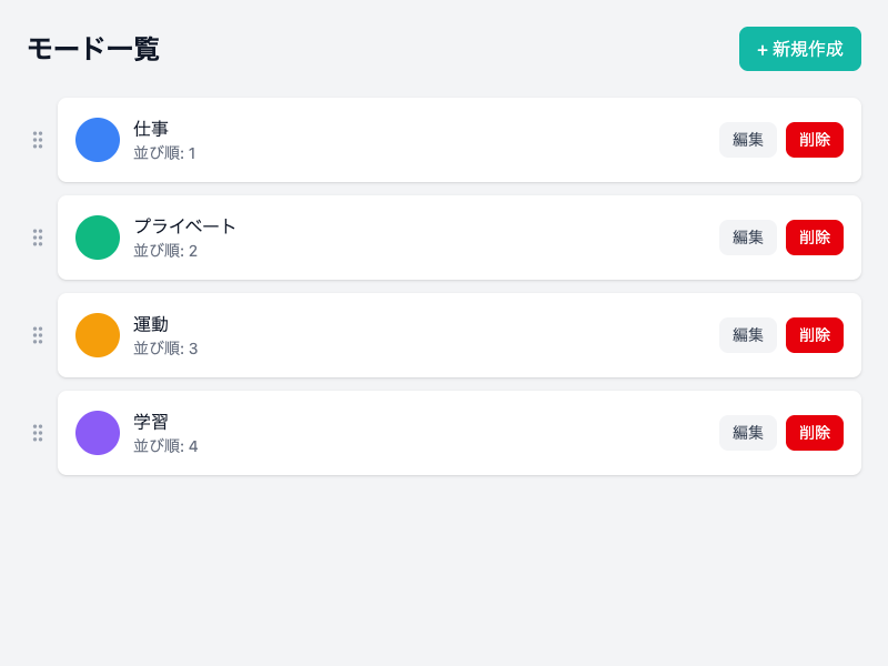 モード一覧画面のスクリーンショット。仕事、プライベート、運動などのモードが登録されている